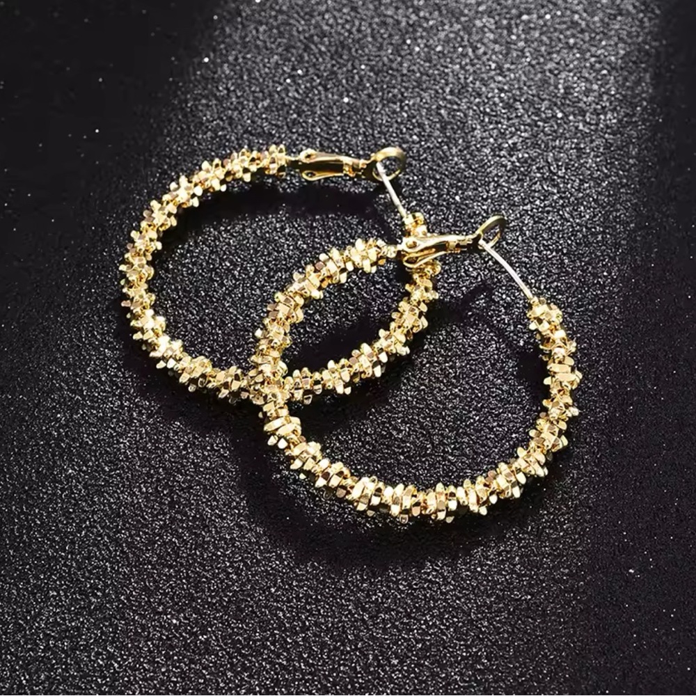Druzy Crushed Gold Tone Fleck Hoop Circle Earrings, New
